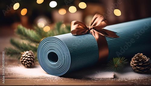 Yoga Mat Rolled with a Bow and Holiday Decor