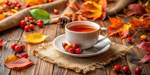 Cozy autumn tea time with a cup of tea decorated with fall leaves and rose hip, autumn, tea, cozy, leaves, rose hip, warm