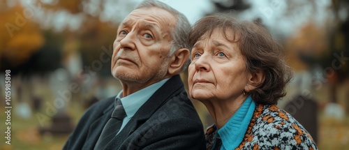 Old married grandparents, a mature man and woman, reflecting on death and the end of life, with a cemetery view in the background, capturing their contemplative mood