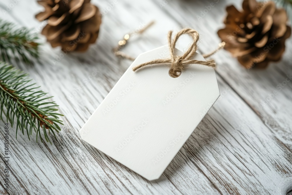 Fototapeta premium Blank Gift Tag With Pine Cones and Fir Branch on Whitewashed Wood