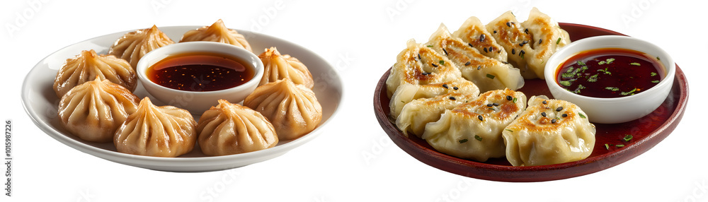 Korean mandu dumplings with dipping sauce, isolated on a transparent background Korean mandu dumplings with dipping sauce, isolated on a transparent background