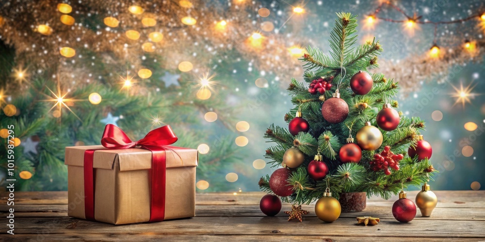 Festive Christmas background with a gift box, a decorated Christmas tree, and various Christmas decorations Festive Christmas background with a gift box, a decorated Christmas tree, and various Christmas decorations