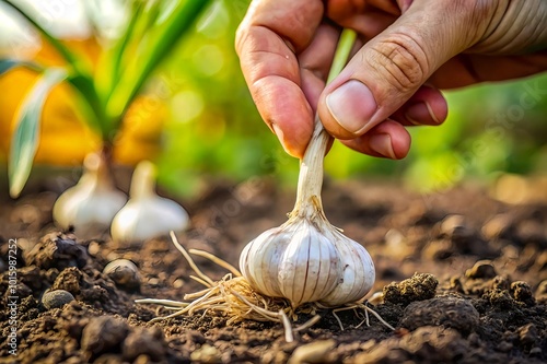 Hand harvest garlic bulb from the garden soil photo