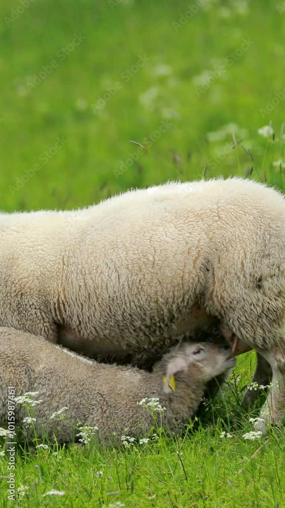 Norway. Domestic Mother Sheep Feeds Lambs With Breast Milk. Lambs Suck Sheep s Mother s Milk. Sheep And Lambs Feeding In Hilly Norwegian Pasture. Spring Green Meadow. Sheep Farming Norway. Domestic Mother Sheep Feeds Lambs With Breast Milk. Lambs Suck Sheep s Mother s Milk. Sheep And Lambs Feeding In Hilly Norwegian Pasture. Spring Green Meadow. Sheep Farming