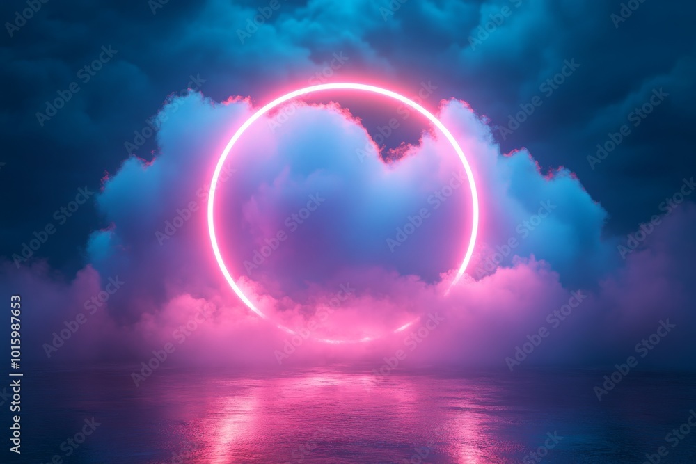 Neon Circle Above Clouds Over Water Background Neon Circle Above Clouds Over Water Background