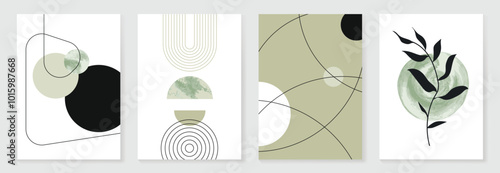 Abstract art watercolor background vector. Minimal hand painted watercolor, line art, geometric shape and leaves illustration. Design for wall decoration, wall arts, cover, postcards, brochure.
