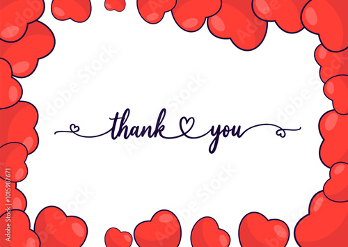 Thank You romantic card valentine. Red hearts on white background with Thanks handwritten text. Horizontal poster Thankful banner, flyer, Grateful Greetings, Appreciation Note. Vector illustration