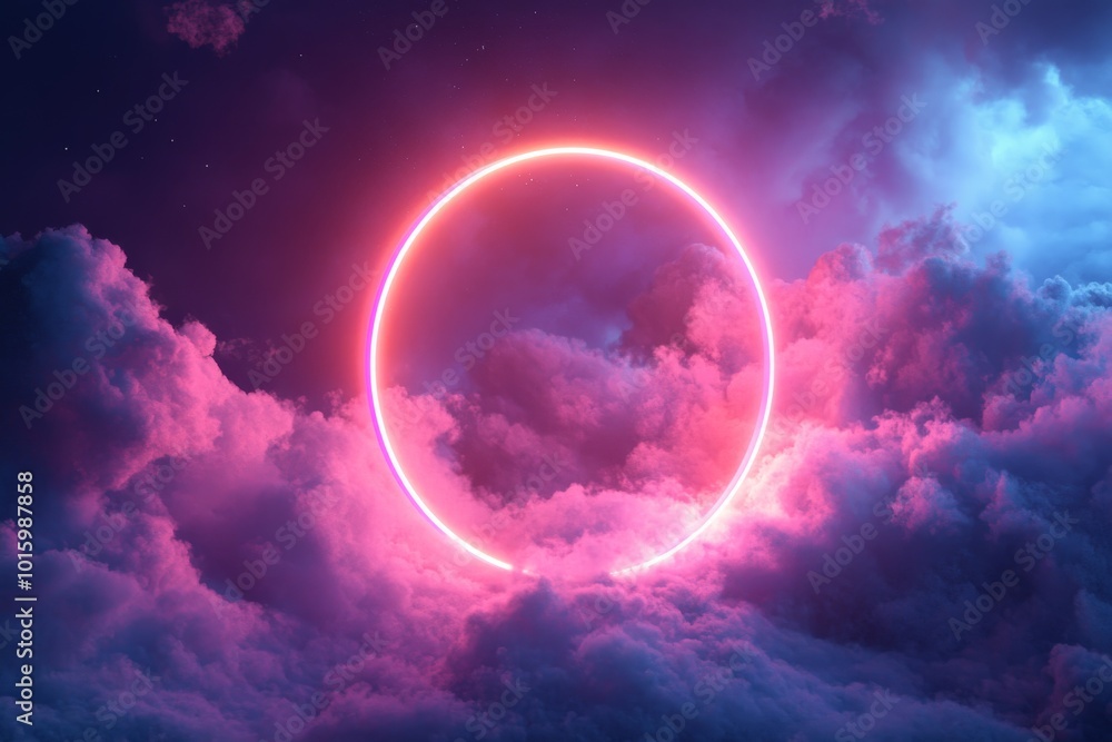 Abstract Pink and Blue Neon Ring in Clouds Abstract Pink and Blue Neon Ring in Clouds