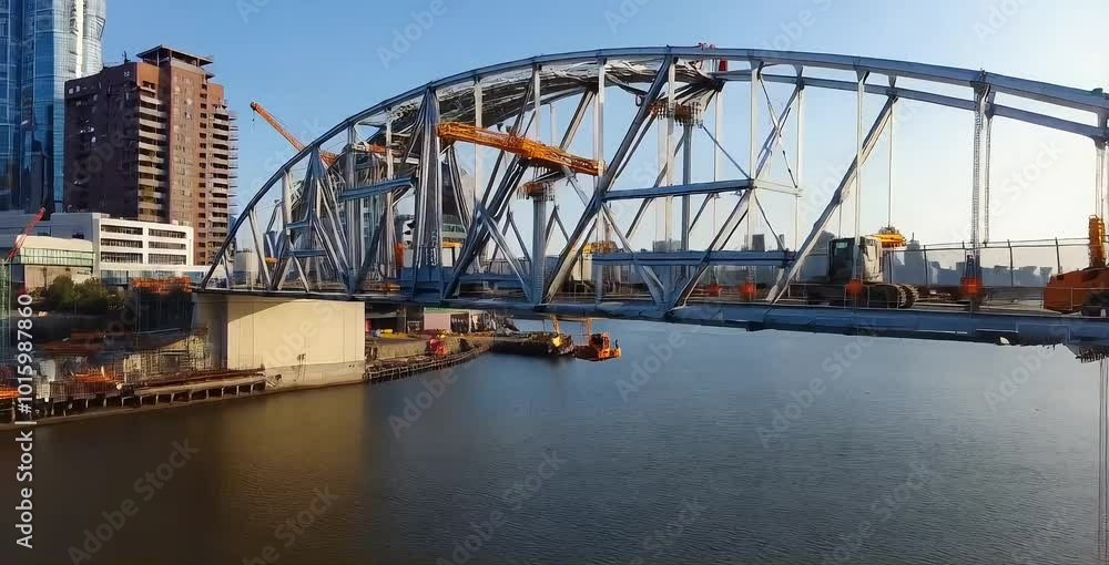 An aerial view of a bridge under construction over a body of water. The bridge is made of metal beams and supports, and there are cranes and other machinery working on the project An aerial view of a bridge under construction over a body of water. The bridge is made of metal beams and supports, and there are cranes and other machinery working on the project