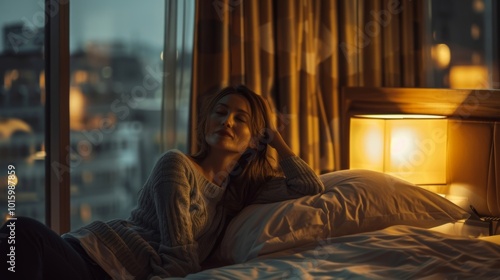 A woman relaxing in a cozy hotel room during the evening. The soft light creates a calm atmosphere.