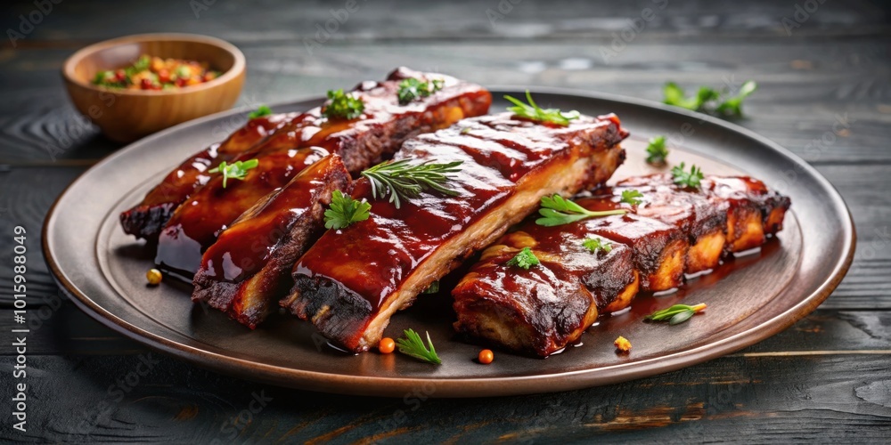 Plate of succulent bbq ribs covered in smoky sauce, bbq, ribs, barbecue, delicious, meat, food, grill, sauce, smoke, tasty Plate of succulent bbq ribs covered in smoky sauce, bbq, ribs, barbecue, delicious, meat, food, grill, sauce, smoke, tasty