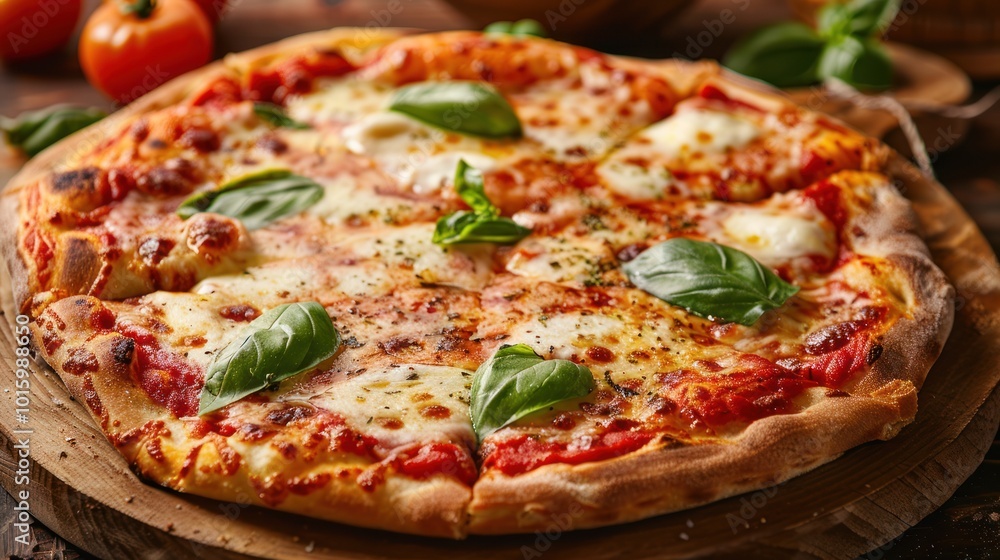 Close-up of a Margherita Pizza with Basil Garnish on a Wooden Cutting Board Close-up of a Margherita Pizza with Basil Garnish on a Wooden Cutting Board