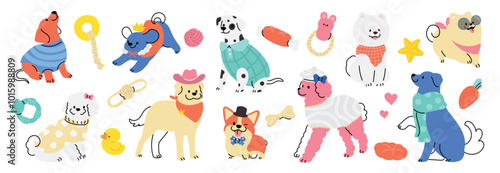 Cute dogs doodle vector set. Cartoon dog or puppy characters design collection with flat color in different poses, toy, ball, pillow, bone. Set of funny pet animals isolated on white background.