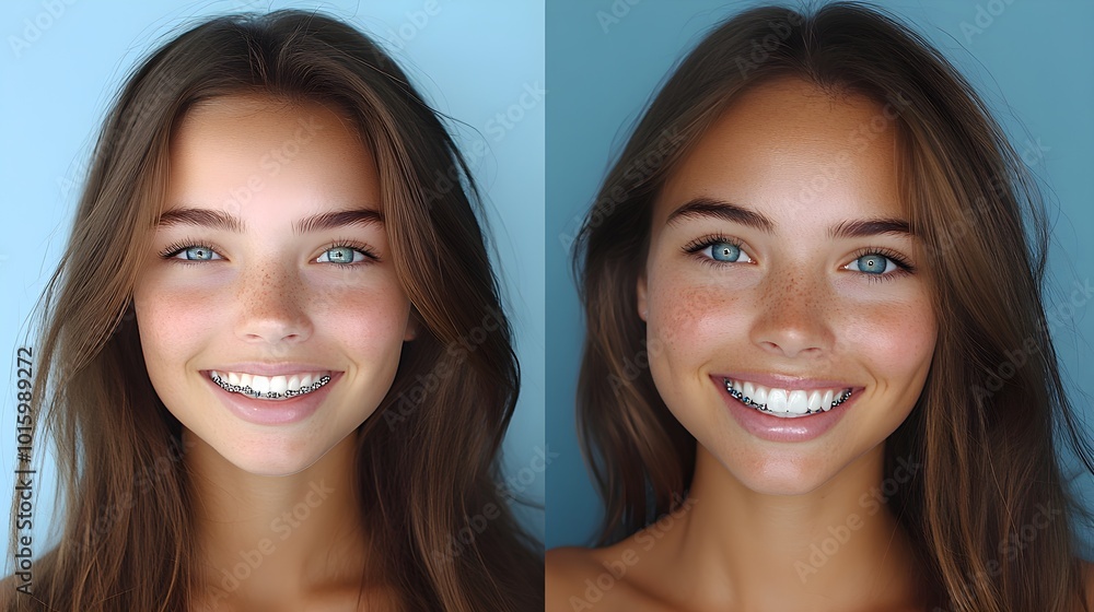 Split-screen of pre- and post-braces smiles, highlighting changes in teeth structure, jaw alignment, and overall confidence boost Split-screen of pre- and post-braces smiles, highlighting changes in teeth structure, jaw alignment, and overall confidence boost