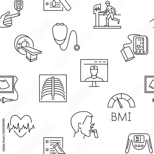 Health check-up line seamless pattern. Medical background, healthcare and medicine symbols. Vector illustration.