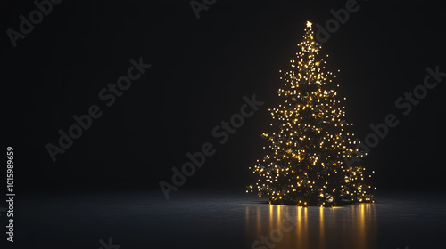 A minimal outline of a Christmas tree with subtle golden lights on black background.