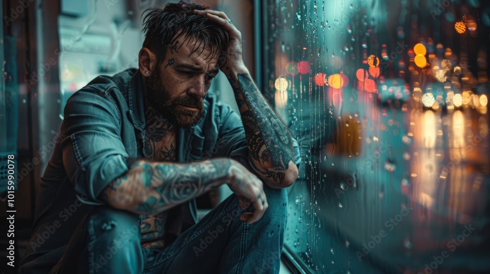A man sits by the window, deep in thought, as rain falls outside. His tattoos and expression tell a story of struggle and reflection. A man sits by the window, deep in thought, as rain falls outside. His tattoos and expression tell a story of struggle and reflection.