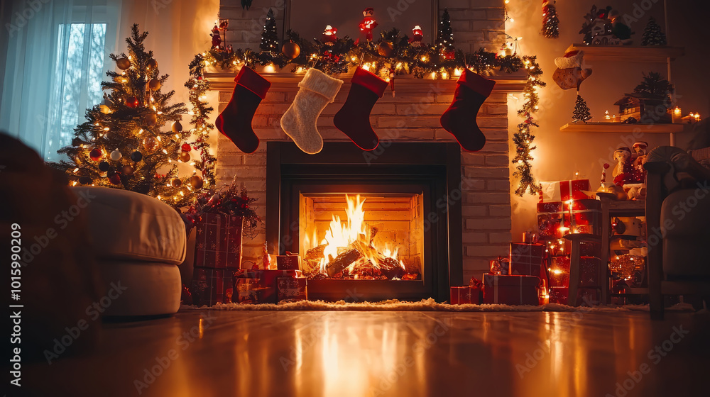 A cozy fireplace with a soft glow, stockings hanging above it, and Christmas lights twinkling in the background. A cozy fireplace with a soft glow, stockings hanging above it, and Christmas lights twinkling in the background.
