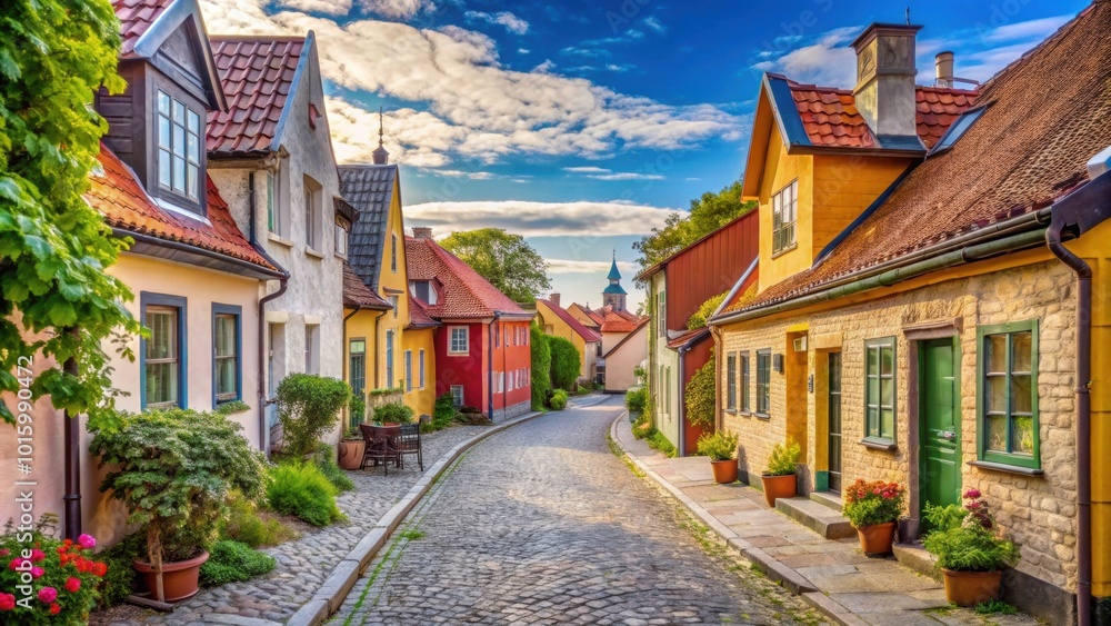 Obraz premium Narrow cobblestone street lined with colorful buildings in Visby's historical old town , Visby, Sweden, architecture