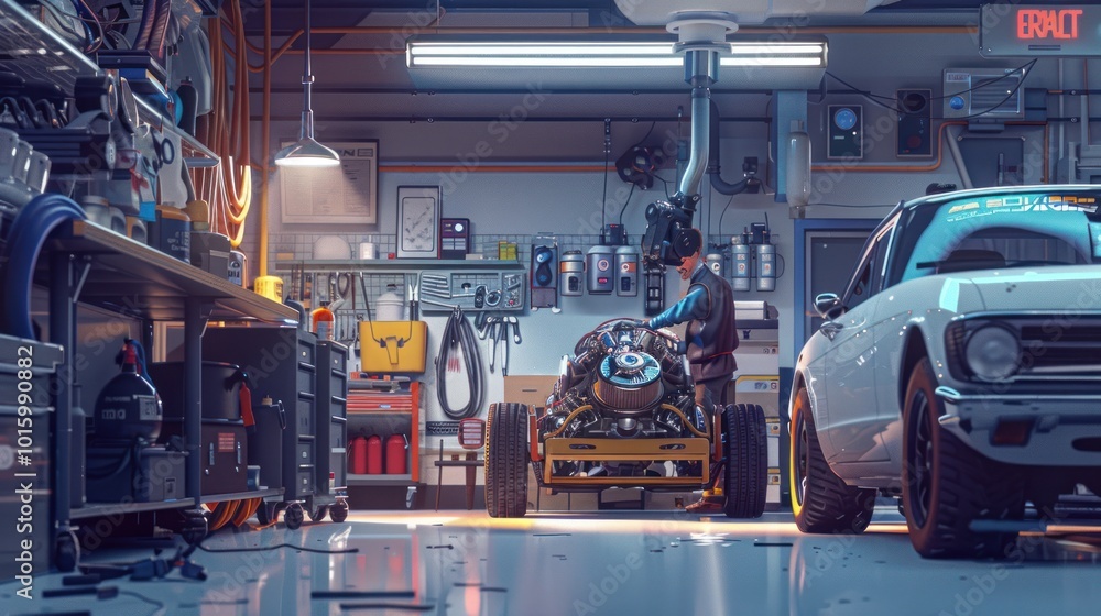 Naklejka premium A Man Works on a Car Engine in a Well-Equipped Garage