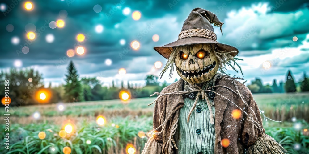 Fototapeta premium A haunting scarecrow stands eerily in the evening mist, its shadowy silhouette blurred in a dreamy bokeh, creating an unsettling atmosphere perfect