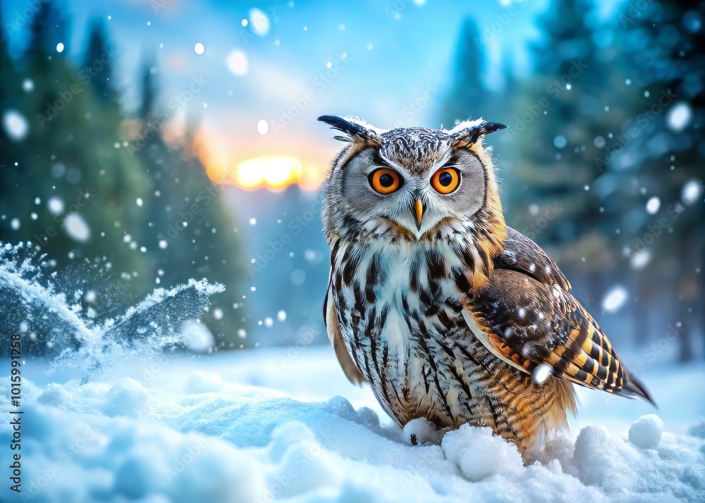 A large owl joyfully plays in the snow, showcasing nature's beauty. This tilt-shift photography captures a whimsical perspective, perfect for nature A large owl joyfully plays in the snow, showcasing nature's beauty. This tilt-shift photography captures a whimsical perspective, perfect for nature