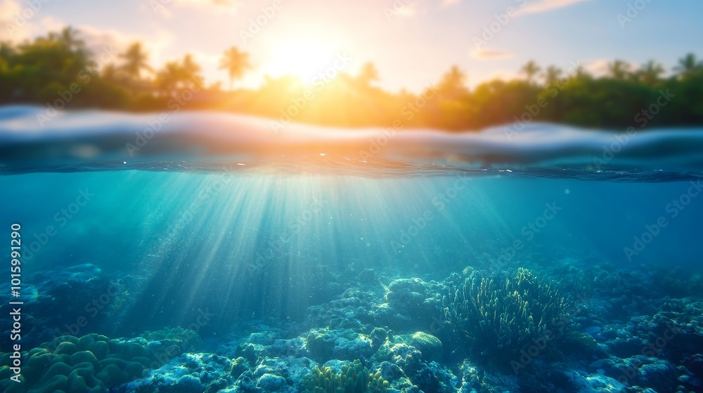 A tropical island seen from beneath the surface, where a colorful ring of coral reefs bursts with marine life, with sunbeams casting ethereal light through the water A tropical island seen from beneath the surface, where a colorful ring of coral reefs bursts with marine life, with sunbeams casting ethereal light through the water