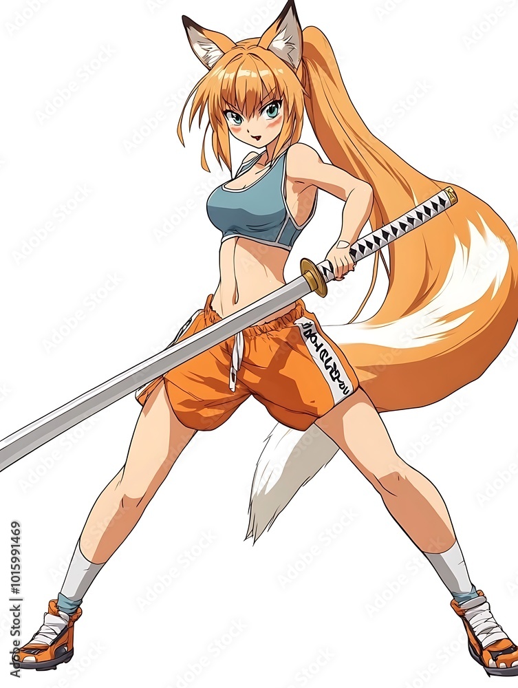 Anime Fox Girl Warrior Holding Katana Sword. Anime Fox Girl Warrior Holding Katana Sword.