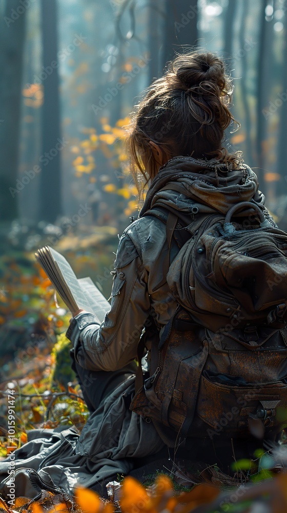 Woman Reading in a Tranquil Forest Woman Reading in a Tranquil Forest