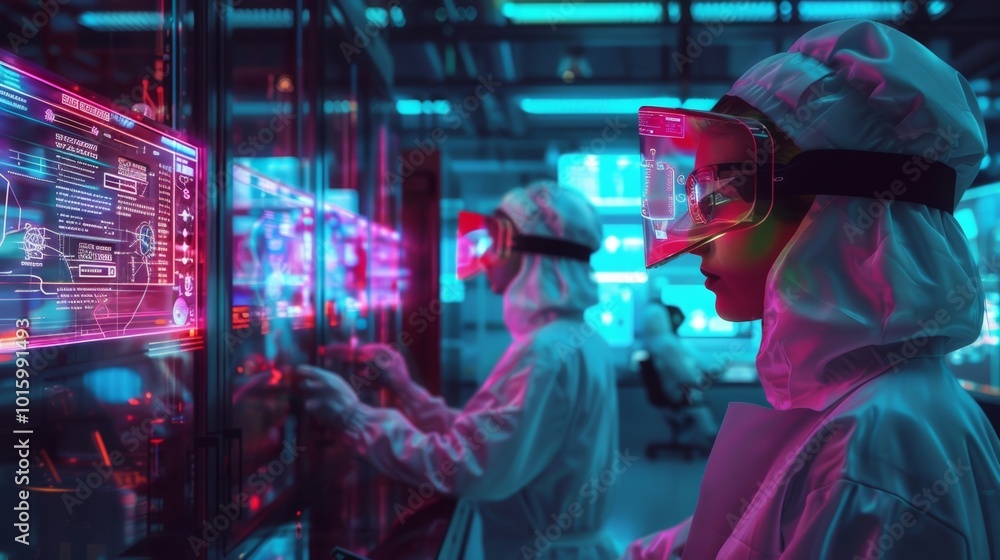 Scientists in High-Tech Lab Working on Advanced Technology and Data Analysis in Futuristic Setting Scientists in High-Tech Lab Working on Advanced Technology and Data Analysis in Futuristic Setting