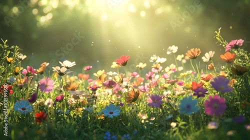 A vibrant circle of multicolored wildflowers blooming in a lush green field, soft sunlight streaming down, with delicate petals swaying in the breeze