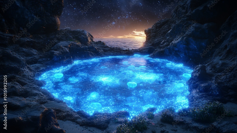 A vivid, circular rock pool surrounded by jagged rocks, filled with glowing jellyfish and bioluminescent sea creatures, under a dark, starry sky A vivid, circular rock pool surrounded by jagged rocks, filled with glowing jellyfish and bioluminescent sea creatures, under a dark, starry sky