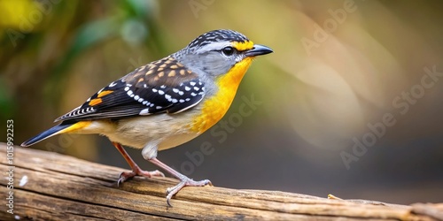 Spotted pardalote bird perched on a log in natural surroundings, spotted pardalote, bird, perched, log photo