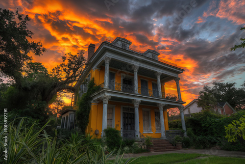architecture by ai, mansion in victorian stlye, new orleans, house in front of the rising sun, yellow and orange colors, lush greenery in the yard, wide angle shot, photorealistic