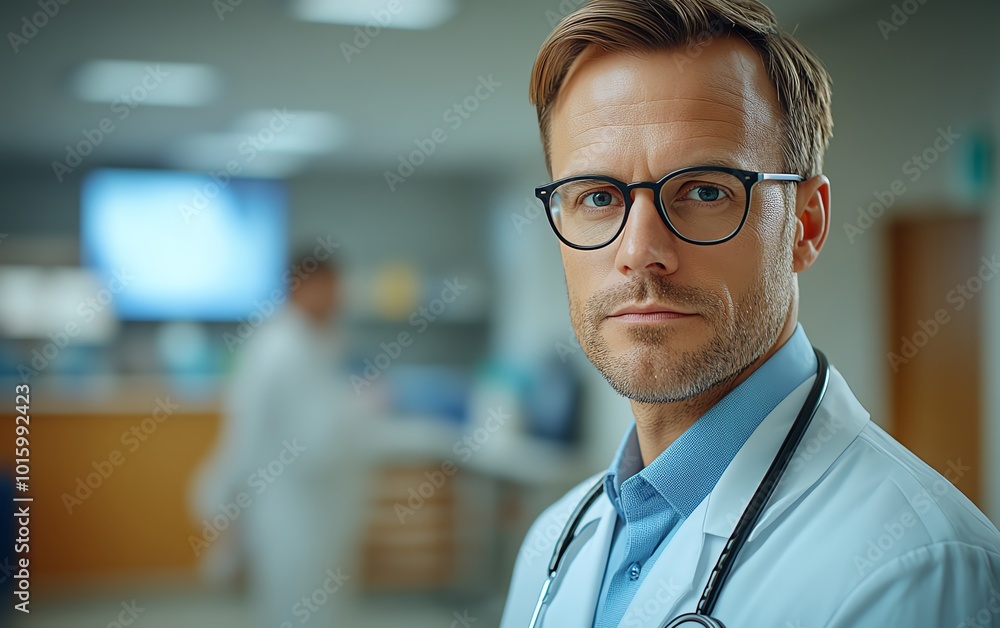 Confident male physician in a hospital office, wearing glasses and a stethoscope, turning and looking at the camera, showcasing modern healthcare and medical solutions Confident male physician in a hospital office, wearing glasses and a stethoscope, turning and looking at the camera, showcasing modern healthcare and medical solutions