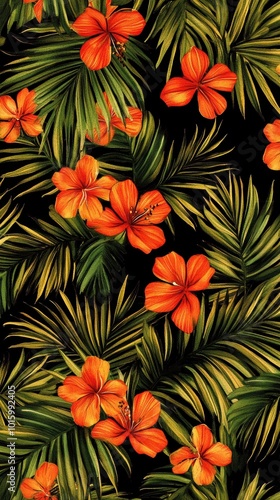 Tropical jungle pattern with vibrant orange flowers green leaves