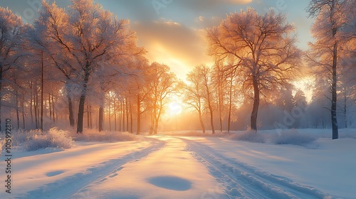 A snowy forest path leads towards a vibrant sunrise, illuminating the frosty trees and the pristine white landscape.