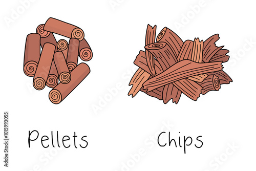 Wooden fuel pellets and chips. Natural eco-friendly renewable organic biofuel, care for environment. Mulch in the garden. Alternative energy from wooden biomass. Hand drawn vector illustration.
