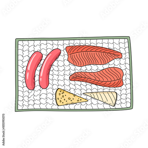 Food on metal grid rack, barbecue. Smoking food preparation process. Home canning concept. Hand drawn doodle style vector illustration.