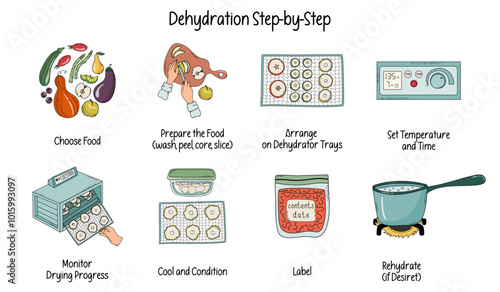 Dehydration stages. Timeline infographic of home preserving process. Home canning, food preservation concept. Hand drawn doodle style vector illustration.
