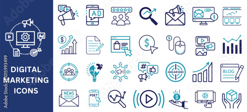Digital Marketing Icon Set. Digital marketing, SEO, email, content, website, online advertising, social media, sales, icons. Vector illustration.