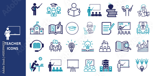Teacher icon set. Teacher, school, teaching, lesson, mentor, professor, education, books, instruct, study, and knowledge icon. Vector illustration.