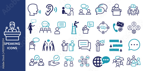 Speaking icon set. Communication icons set. Speech, speech bubble, talking, message, meeting, consultation, and conversation icon. Vector.