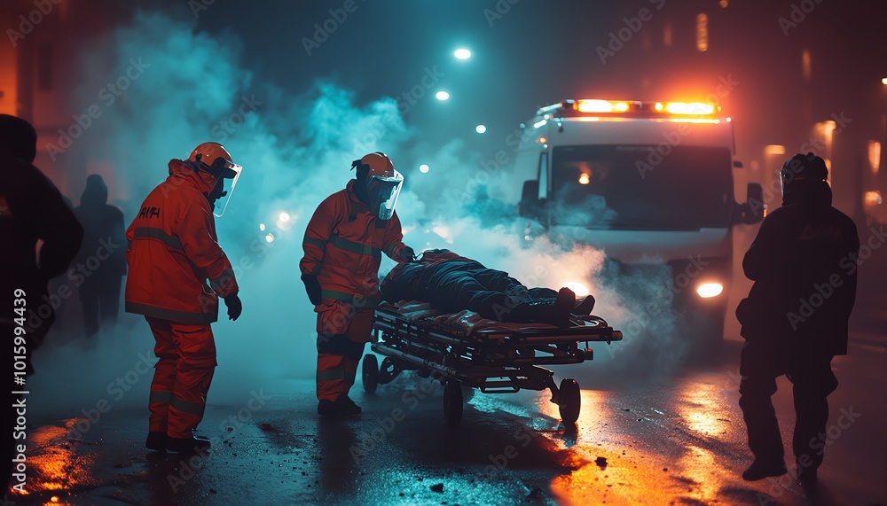 Paramedics in highvisibility uniforms administering critical care to an injured male on a stretcher, with smoke and emergency vehicles present at a severe road accident or disaster Paramedics in highvisibility uniforms administering critical care to an injured male on a stretcher, with smoke and emergency vehicles present at a severe road accident or disaster