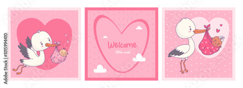 Cute white stork and newborn baby girl arrival. Cool square pink cards. Kids collection. Vector illustration