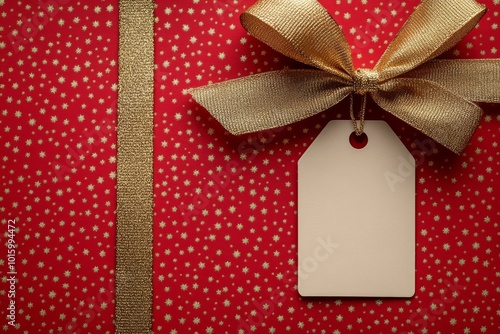 Red and Gold Gift Tag with Bow and Snowflake Pattern