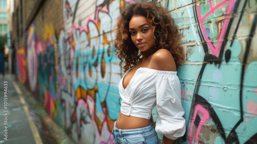 Fototapeta premium A stylish young woman poses confidently by a colorful graffiti wall in an urban setting. Fashion blends with street art.