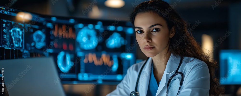 Professional female doctor using a laptop in a hospital office, with a focus on patient data analysis and medical research, set in an advanced clinical setting Professional female doctor using a laptop in a hospital office, with a focus on patient data analysis and medical research, set in an advanced clinical setting