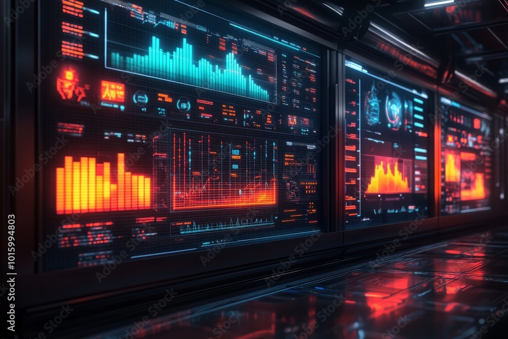 Futuristic Control Panel With Red and Blue Lights and Data Visualizations Futuristic Control Panel With Red and Blue Lights and Data Visualizations