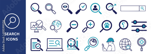 Search Icon Set. Search, magnifying glass, find, research, SEO, track, zoom in, investigate icons, Vector illustration.